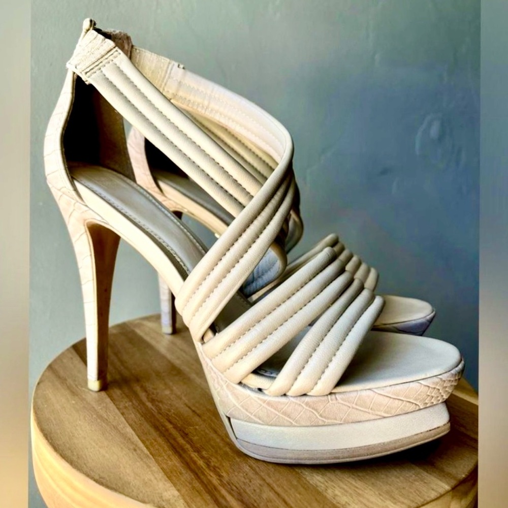 Elegant Taupe Herve Leger Strappy Lamb Heels